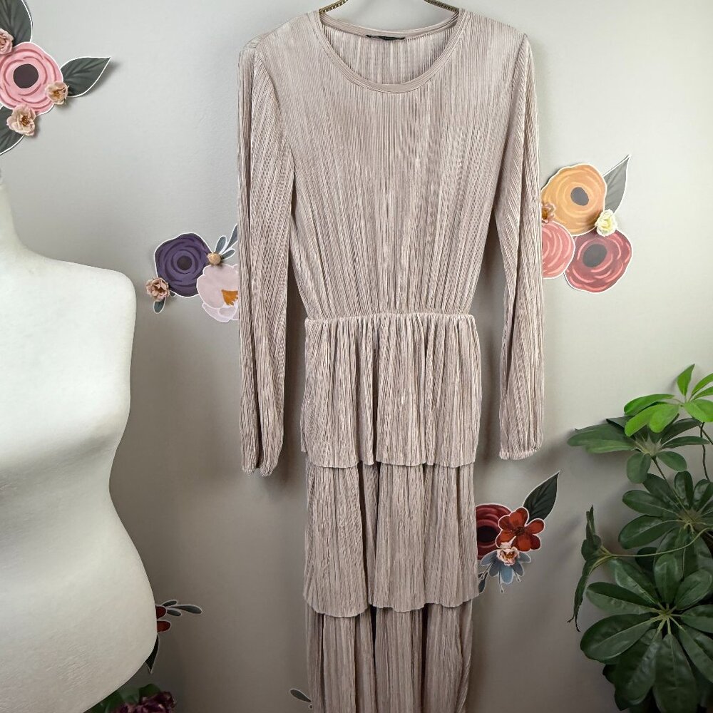 Zara Pleated Tiered Champaign Sheen Long Sleeve Dress - Size - Small